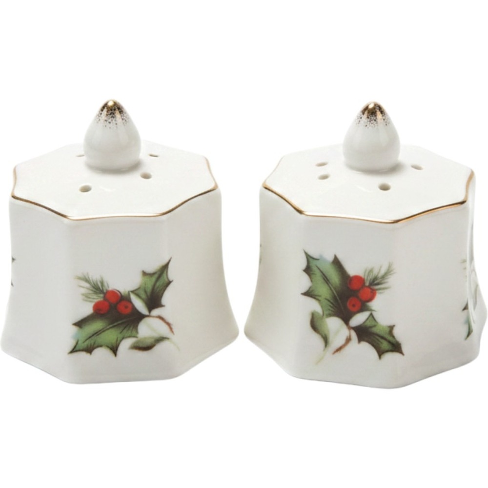 Vintage Bone China Christmas Holly Berry Salt and Pepper Shakers Gold Trim Set